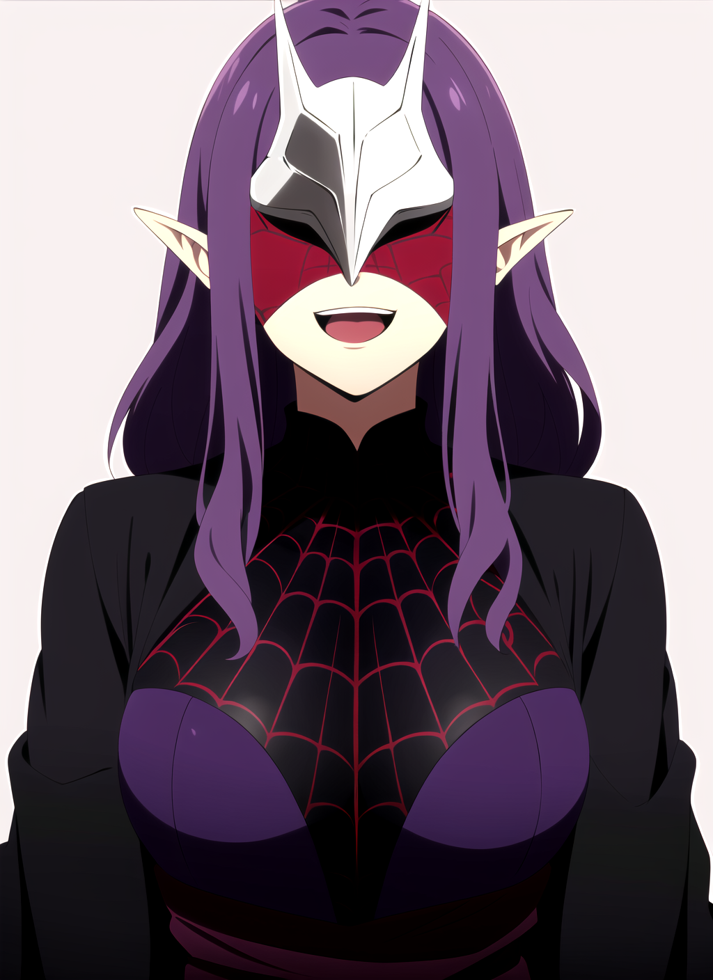 3978531226-3310753068-promisedNeverland , masterpiece, best quality, long hair, open mouth, 1girl, purple hair, pointy ears, mask, smile, spider web.png